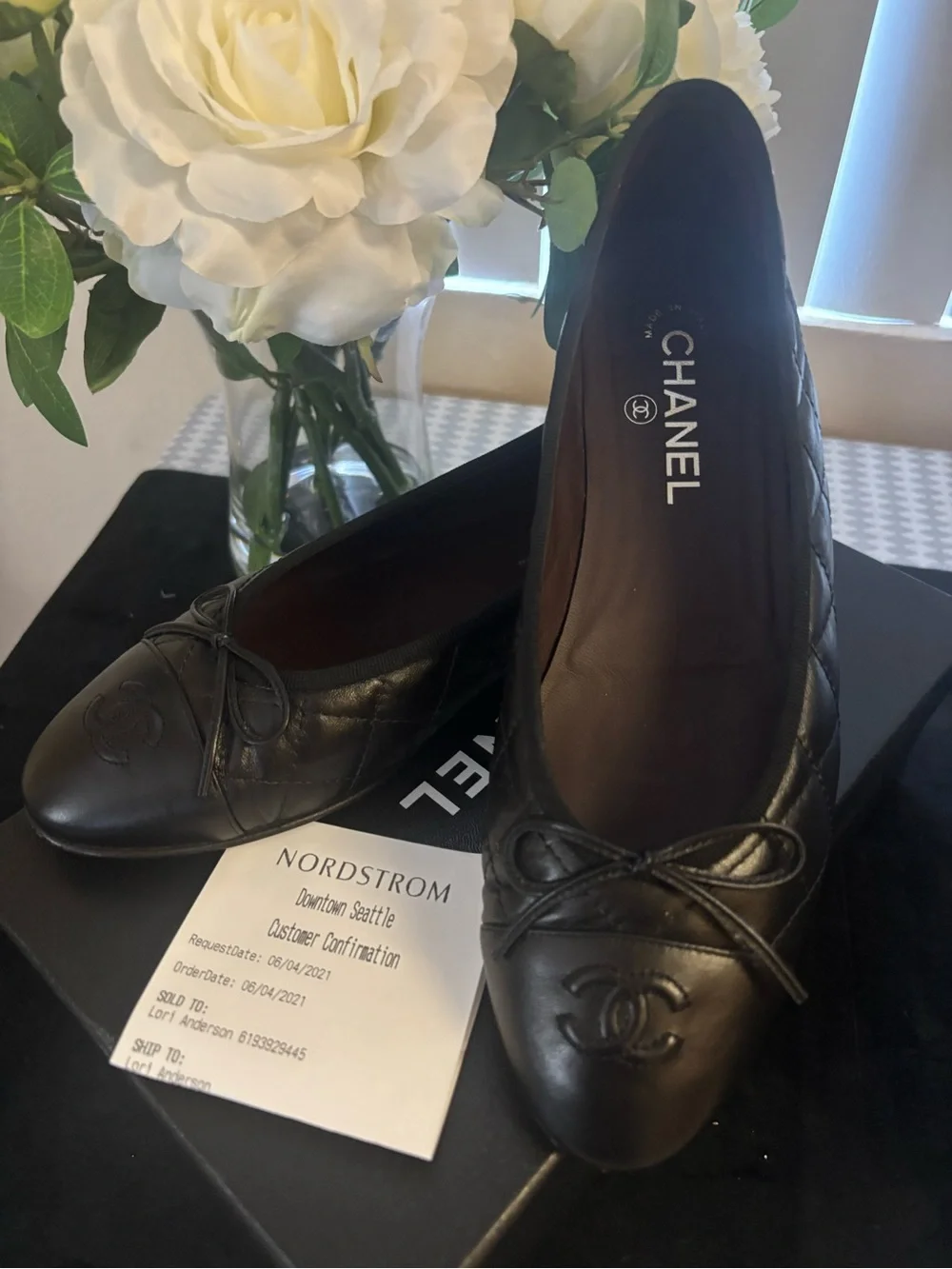 CHANEL Black Quilted Leather Ballet Flats with CC Cap Toe